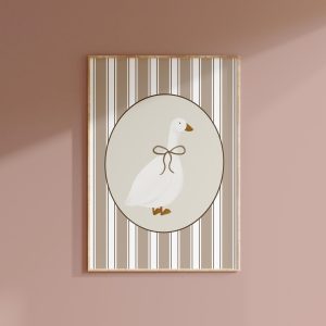 Tranh treo tường, tranh phong cảnh trang trí phòng bé, Cute Goose Poster Neutral Brown Stripes Nursery Decor Vintage Aesthetic Nursery Farm Nursery Decor Girls Room Goose Print Brown Bow Coquette