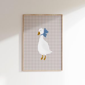 Tranh treo tường, tranh phong cảnh trang trí phòng bé, Girls Room Goose Wall Art Coquette Room Decor Cottage Nursery Little Girls Room Goose Print Gingham Wall Art Preppy Nursery Art Blue Bow Art