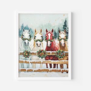 Tranh Ngựa Giáng Sinh, Quà Noel, Trang trí Mùa đông, Tranh Động vật Đồng quê (Farmhouse)