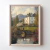 Tranh treo tường, tranh phong cảnh trang trí, Serene Pond with Swans Art Print European Countryside Wall Decor Scenic Mountain Backdrop Classical Landscape Oil Painting