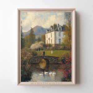 Tranh treo tường, tranh phong cảnh trang trí, Serene Pond with Swans Art Print European Countryside Wall Decor Scenic Mountain Backdrop Classical Landscape Oil Painting
