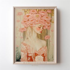 Tranh treo tường, tranh hoa chân dung trang trí, Ethereal Woman with Peony Crown Art Print Soft Pastel Art Decor Floral Portrait Dreamy Oil Painting Boho Bedroom Wall Art