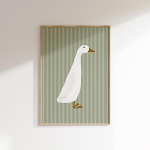 Tranh treo tường, tranh phong cảnh trang trí phòng bé, Duck Art Print Cottagecore Nursery Goose Printable Farm Nursery Decor Boy's Room Duck Print Green Stripe Rustic Nursery Silly Goose Print