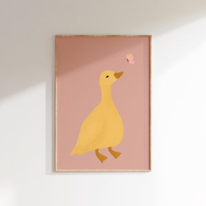 Tranh treo tường, tranh phong cảnh trang trí phòng bé, Little Girls Room Duck Print Toddler Girl Room Duck Poster Butterfly Nursery Duck Printable Cottage Farm Nursery Decor Pink Butterfly Print