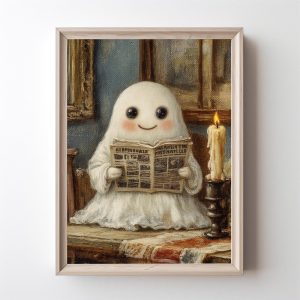 Tranh treo tường, tranh cổ điển trang trí, Cozy Ghost Reading Print Smiling Ghost Wall Art Ghost Spook Halloween Printable Vintage Ghost Halloween Decor Spooky Cute Ghost Art