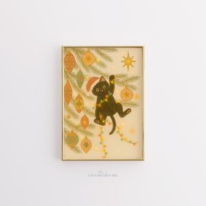 Tranh Mèo Giáng Sinh Vui nhộn, Poster Mèo đen và Đèn nháy, Trang trí Cây thông Preppy