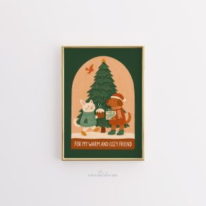 Tranh Bạn thú Giáng Sinh, Tranh Mèo và Chó Dễ thương, Poster Tình bạn Phong cách Preppy