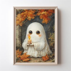 Tranh treo tường, tranh trang trí, Ghost Holding Candle Print Cute Ghost Print Ghost with Candle Printable Spooky Cute Decor Didigtal Halloween Art Print Fall Decor