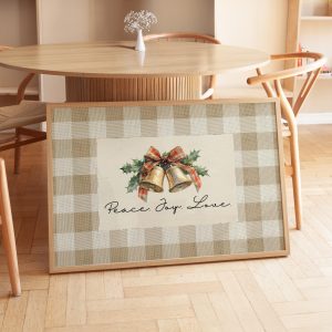 Tranh treo tường, tranh Giáng sinh cổ điển trang trí, Vintage Christmas Bell Print Rustic Christmas Wall Art Christmas Bells with Bow on Beige Gingham Background Holiday Print Peace Joy Love Art