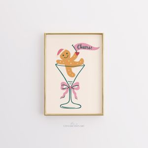 Tranh Bánh gừng 'Cheers', Poster Cocktail Lễ hội Dễ thương, Trang trí Nơ hồng Vui nhộn