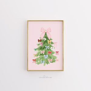 Tranh Cây thông Noel đính Nơ, Màu nước Hồng, Trang trí Hiện đại