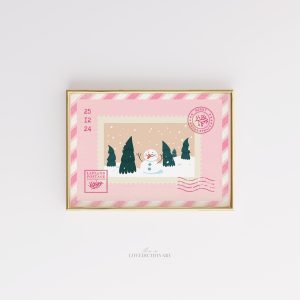Tranh Bưu thiếp Giáng Sinh Lapland, Poster Tem Người tuyết Dễ thương, Trang trí Màu hồng