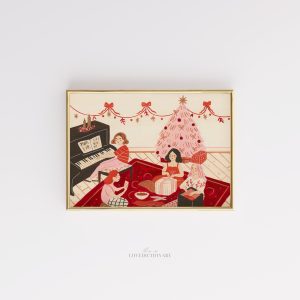 Tranh 'Giáng Sinh Hồng tại Nhà', Poster Cảnh Lễ hội Ấm cúng, Minh họa Bạn bè, Cây thông, Đàn Piano