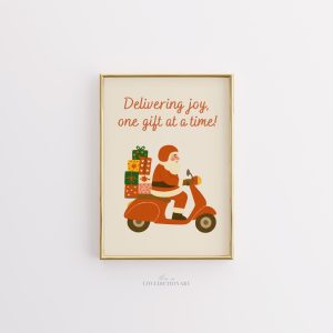 Tranh Ông già Noel đi Xe Scooter, Poster Retro Giao quà, Trang trí Preppy Vui nhộn
