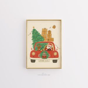 Tranh Santa Lái xe Giáng Sinh, Poster Xe hơi Đỏ, Cây thông và Quà, Tranh Tuần lộc Preppy