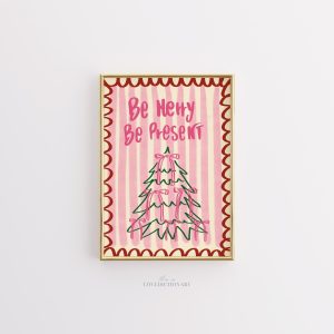 Tranh quote Giáng Sinh 'Be Merry Be Present', Poster Vẽ tay Màu hồng Dễ thương