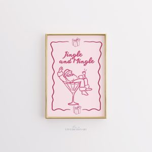 Tranh 'Jingle and Mingle', Poster Santa uống Cocktail Vui nhộn, Trang trí Tiệc Màu hồng