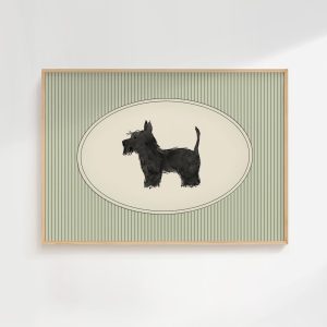 Tranh treo tường, tranh phong cảnh động vật trang trí, Scottish Terrier Art Whimsical Dog Print Scottie Dog Art Cottage Nursery Green Thin Stripes Dog Nursery Print Toddler Room Dog Printable