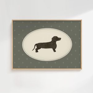 Tranh treo tường, tranh phong cảnh động vật trang trí, Dachshund Art Dog Sketch Green Little Boy Room Dog Nursery Wall Art Weiner Dog Gifts Vintage Dog Print Cottage Nursery Dark Green Decor
