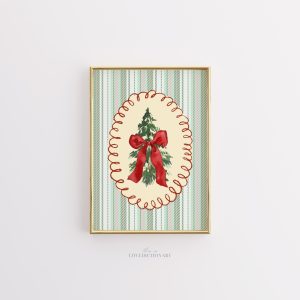 Tranh Cây thông Noel Bắc Âu, Nơ Đỏ Tối giản, Trang trí Ấm cúng