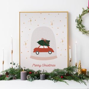 Tranh Quả cầu tuyết, Cây thông Noel, Xe hơi Đỏ, Trang trí Giáng Sinh Vintage (Cho trẻ em)