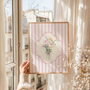 Tranh treo tường, tranh hoa phong cảnh trang trí, Floral Striped Sketch Print, Art , Cottage Printable Wall Art
