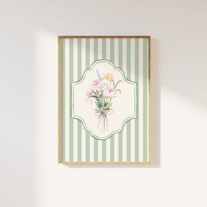 Tranh treo tường, tranh hoa phong cảnh trang trí, Floral Striped Sketch Print, Art , Cottage Printable Wall Art