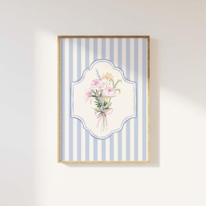 Tranh treo tường, tranh hoa phong cảnh trang trí, Floral Striped Sketch Print, Art , Cottage Printable Wall Art