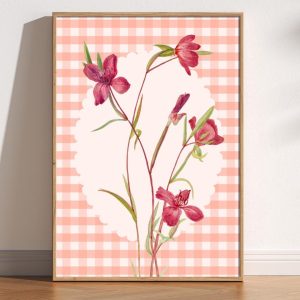 Tranh treo tường Floral Gingham Print, Vintage Flowers Gingham Print, Romantic Cottagecore Wall Art