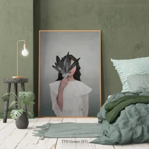 Tranh Treo Tường Cô Gái Cầm Nhành Lá Che Mặt Nghệ Thuật - Tranh Tối Giản Bắc Âu Sang Trọng