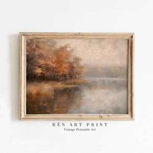 Tranh treo tường Vintage Autumn Lake Painting  Muted Landscape