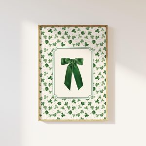 Tranh treo tường Vintage Bow Clover Print, Digital Art Download, St Patricks Day Decor, Green Wall Art