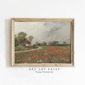 Tranh treo tường Vintage Spring Printable Wall Art  Cottage Landscape Art Print  Poppies Field Painting
