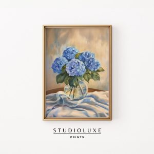 Tranh treo tường Blue Hydrangea in Vase Printable - Serene Cottagecore Floral Wall Decor