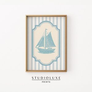 Tranh treo tường Blue Sailboat Print Vintage Nautical Wall Art for Beach House