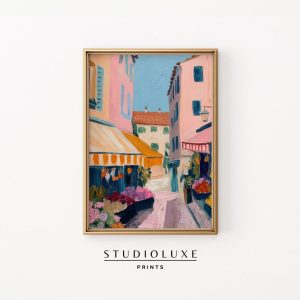 Tranh treo tường Charming French Market Scene Printable - Vintage Cottagecore Street Market Art, Cozy Pastel Shopping Lane