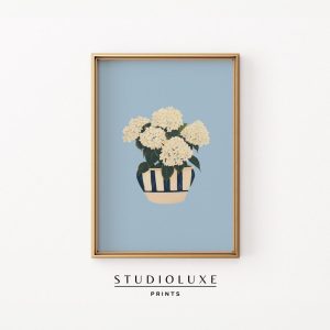 Tranh treo tường Coastal Hydrangea Print Blue Nautical Pot, Cottagecore Art