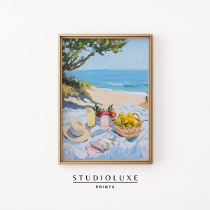 Tranh treo tường Coastal Beach Picnic Printable Art - Summery Relaxed Wall Decor, Bright Sunlit Beach Scene