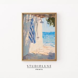 Tranh treo tường Coastal Beach Shower Wall Art - Serene Mediterranean Seascape Painting