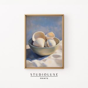 Tranh treo tường Coastal Beach Still Life, Printable Seashells Painting in Soft Neutrals - Serene Shells in Pale Green Bowl