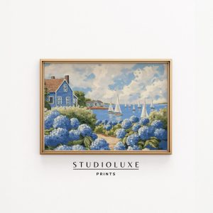 Tranh treo tường Coastal Cottage Print Nantucket Hydrangeas & Sailboats