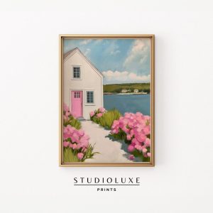 Tranh treo tường Coastal Cottage Print Pink Door Seaside Art, New England Summer