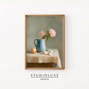 Tranh treo tường Coastal Cottagecore Printable Wall Art - Vintage-Inspired Still Life, Blue Ceramic Pitcher with Peonies