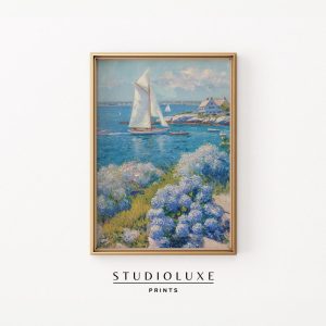 Tranh treo tường Coastal Hydrangea & Sailboat Print Beach House Nautical Art