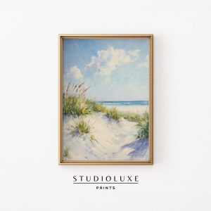 Tranh treo tường Coastal Serenity Printable - Sunlit Sand Dunes with Ocean Horizon