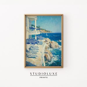 Tranh treo tường Coastal Terrace Art Print - Nautical Summer Ocean View, Blue Sea and Sky