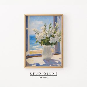 Tranh treo tường Coastal Window with White Floral Vase, Impressionist Seaside Scene - Summer Beach Cottagecore Decor