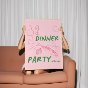 Tranh treo tường Dinner Party Digital Print, Pastel Pink Poster, Funky Food Print, Retro Kitchen Art