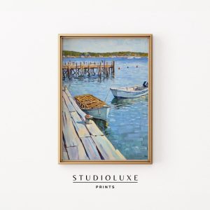 Tranh treo tường Fishing Boats and Wooden Dock Coastal Scene - Vintage Nautical Art for Living Room or Office