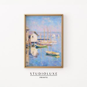 Tranh treo tường Impressionist Harbor with Sailboats Painting - Vintage Pastel Coastal Wall Art, Serene Nautical Scene